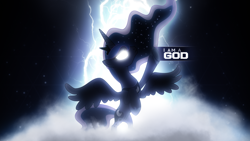 Size: 1920x1080 | Tagged: safe, artist:adrianimpalamata, artist:flizzick, character:princess luna, species:pony, bipedal, female, glare, glowing eyes, god, goddess, i am a god, kanye west, lightning, raised hoof, rearing, solo, song reference, space, spread wings, stars, vector, wallpaper, wings, yeezus