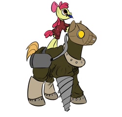 Size: 1090x1052 | Tagged: safe, artist:rubrony, character:apple bloom, character:big mcintosh, species:earth pony, species:pony, big daddy, bioshock, crossover, drill, little sister, male, ponies riding ponies, stallion, syringe