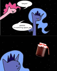 Size: 800x1000 | Tagged: safe, artist:wollap, character:pinkie pie, character:princess luna, :>, c:, french, jam, pun, space, space jam, visual gag, wat