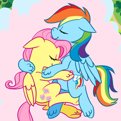 Size: 1000x1000 | Tagged: safe, artist:ponett, character:fluttershy, character:rainbow dash, species:pony, ship:flutterdash, cuddling, female, lesbian, shipping, snuggling, wings