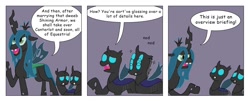 Size: 1332x540 | Tagged: safe, artist:t-brony, character:queen chrysalis, species:changeling, comic:friendship is tragic, comic, dialogue, frown, nodding, open mouth, raised eyebrow, smiling, speech bubble, unamused, worried