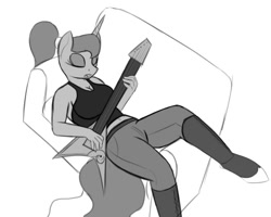 Size: 785x629 | Tagged: safe, artist:devs-iratvs, character:princess luna, species:anthro, species:unguligrade anthro, belly button, breasts, busty princess luna, cleavage, clothing, couch, female, grayscale, guitar, hooves, monochrome, solo, wip