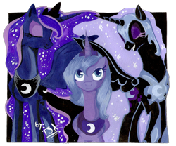 Size: 1358x1132 | Tagged: safe, artist:antych, character:nightmare moon, character:princess luna, species:alicorn, species:pony, ethereal mane, galaxy mane, lunar trinity, peytral, s1 luna, simple background, smiling, transparent background