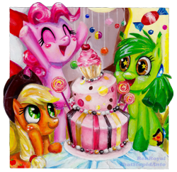 Size: 1776x1719 | Tagged: safe, artist:antych, artist:renroyal, character:applejack, character:pinkie pie, oc, oc:anto, cake, candy, cherry, collaboration, cupcake, happy, lollipop, traditional art