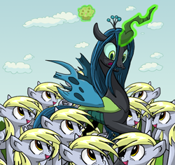 Size: 640x605 | Tagged: safe, artist:xkappax, edit, character:derpy hooves, character:queen chrysalis, species:changeling, species:pegasus, species:pony, derpies, derpocalypse, female, magic, mare, muffin, multeity, telekinesis, that pony sure does love muffins, unstoppable force of derp