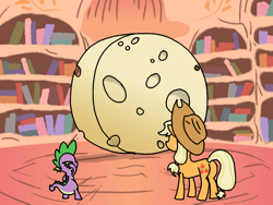 Size: 800x600 | Tagged: safe, artist:wryte, character:applejack, character:spike, cheese, cheese wheel, in-joke, library, request