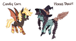 Size: 806x432 | Tagged: safe, artist:tsurime, oc, oc only, oc:candy corn, oc:hocus pocus, species:bat pony, species:pony, species:unicorn, adoptable, braid, broom, clothing, ear fluff, eyes closed, female, flying, flying broomstick, freckles, halloween, hat, looking back, mare, open mouth, simple background, smiling, socks, spread wings, striped socks, transparent background, watermark, wings, witch hat