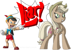 Size: 3508x2480 | Tagged: safe, artist:crispokefan, character:applejack, ace attorney, crossover, discorded, liarjack, objection, pinocchio, pot calling the kettle black, simple background, transparent background