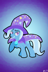 Size: 1200x1800 | Tagged: safe, artist:ponett, character:trixie, species:pony, species:unicorn, best pony, cape, clothing, female, grin, hat, lidded eyes, mare, raised hoof, smiling, solo, trixie's cape, trixie's hat