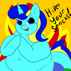 Size: 1000x1000 | Tagged: safe, artist:watertimdragon, oc, oc only, oc:jester bells, demon, fat, fire, impossibly large butt, looking at you, plot, solo