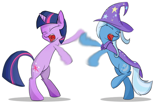 Size: 500x336 | Tagged: safe, artist:subjectnumber2394, character:trixie, character:twilight sparkle, character:twilight sparkle (unicorn), species:pony, species:unicorn, animated, balancing, bipedal, cape, clothing, duo, duo female, epic fight, eyes closed, female, fight, gif, hat, hoofy-kicks, internet fight, mare, open mouth, raised leg, rearing, screaming, shadow, simple background, sissy slap fight, tongue out, trixie's cape, trixie's hat, white background