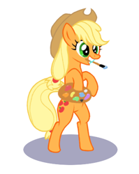 Size: 370x465 | Tagged: safe, artist:the-ross, character:applejack, species:pony, bipedal, female, mouth hold, paintbrush, palette, solo