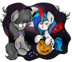 Size: 1545x1328 | Tagged: safe, artist:kristysk, character:dj pon-3, character:octavia melody, character:vinyl scratch, magic, nightmare night