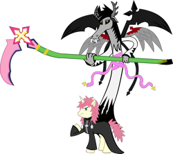 Size: 2971x2644 | Tagged: safe, artist:jewelsfriend, oc, oc:strife, species:draconequus, clothing, crossover, draconequified, draconequus oc, kingdom hearts, marluxia, multiple wings, ponified, scythe, simple background, transparent background