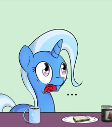 Size: 485x545 | Tagged: safe, artist:subjectnumber2394, character:trixie, species:pony, species:unicorn, coffee, female, mare, reaction image, sandwich, solo