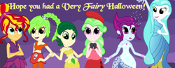 Size: 1280x498 | Tagged: safe, artist:violetclm, character:cherry crash, character:drama letter, character:mystery mint, character:paisley, character:sunset shimmer, character:watermelody, g4, my little pony:equestria girls, background human, belly button, beret, cherry crash, clothing, costume, disney, disney fairies, dress, fairy, fawn, halloween, iridessa, midriff, periwinkle (disney fairies), pixie dust, rosetta (disney), shimmer six, silvermist, skirt, sweet leaf, vidia