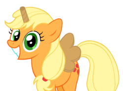 Size: 390x289 | Tagged: safe, artist:the-ross, character:applejack, species:pony, cardboard cutout, fake, fake alicorn, fake horn, fake wings, female, grin, seems legit, silly, silly pony, simple background, solo, toilet paper roll