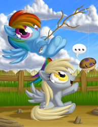 Size: 850x1100 | Tagged: safe, artist:berrypawnch, character:derpy hooves, character:rainbow dash, species:pegasus, species:pony, big eyes, cloud, day, duo, female, fence, fishing, food, ground, huge eyes, looking at you, lying down, mare, muffin, on back, outdoors, reaching, rod, stick, wide eyes