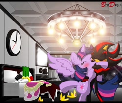 Size: 900x758 | Tagged: safe, artist:brodogz, character:twilight sparkle, character:twilight sparkle (alicorn), species:alicorn, species:pony, clothing, commission, coronation dress, crossover, crossover shipping, dress, female, gloves, interspecies, kissing, love, mare, shadow the hedgehog, shadtwi, shipping, sonic the hedgehog (series)