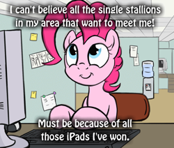 Size: 650x550 | Tagged: safe, artist:flavinbagel, character:pinkie pie, computer, female, gullible, meme, office, office pinkie, solo, this will end in tears