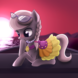 Size: 1200x1200 | Tagged: safe, artist:fajeh, character:silver spoon, species:pony, blushing, boat, clothing, dress, female, glasses, saddle, solo, sunset
