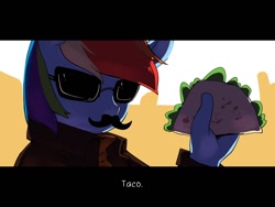 Size: 1024x768 | Tagged: safe, artist:swomswom, character:rainbow dash, species:anthro, clothing, fake screencap, female, food, jacket, mousdash, moustache, one word, solo, subtitles, sunglasses, taco, wat