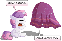 Size: 800x535 | Tagged: safe, artist:berrypawnch, character:sweetie belle, episode:princess twilight sparkle, g4, my little pony: friendship is magic, dialogue, dictionary, dictionary belle, dumb fabric, everfree magic, fabric, female, magic, solo, speech bubble