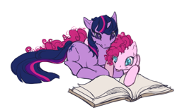 Size: 552x345 | Tagged: safe, artist:noel, character:pinkie pie, character:twilight sparkle, character:twilight sparkle (unicorn), species:earth pony, species:pony, species:unicorn, ship:twinkie, g4, book, female, lesbian, mare, prone, reading, shipping, simple background, white background