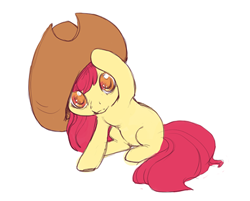 Size: 380x306 | Tagged: safe, artist:noel, character:apple bloom, species:earth pony, species:pony, g4, clothing, colored pupils, cowboy hat, female, filly, hat, simple background, sitting, solo, stetson, white background