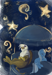 Size: 600x858 | Tagged: source needed, safe, artist:noel, character:gilda, character:trixie, species:griffon, species:pony, species:unicorn, female, ferris wheel, fireworks, mare, sitting, stars