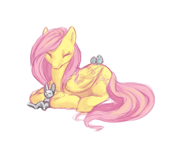 Size: 600x482 | Tagged: source needed, safe, artist:noel, character:angel bunny, character:fluttershy, species:bird, species:pegasus, species:pony, species:rabbit, g4, animal, eyes closed, female, mare, prone, simple background, sleeping, white background