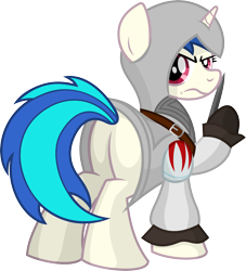 Size: 3903x4305 | Tagged: safe, artist:gray-gold, character:dj pon-3, character:vinyl scratch, species:pony, species:unicorn, assassin's creed, clothing, crossover, female, hooves, horn, looking back, mare, plot, simple background, solo, transparent background, vector