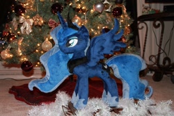 Size: 2256x1504 | Tagged: safe, artist:whitedove-creations, character:princess luna, species:alicorn, species:pony, christmas tree, cute, eyeshadow, female, irl, lidded eyes, lunabetes, makeup, mare, photo, plushie, smiling, solo, spread wings, tree, wings