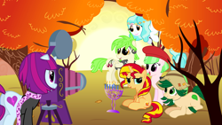 Size: 1280x720 | Tagged: safe, artist:violetclm, character:cherry crash, character:drama letter, character:mystery mint, character:paisley, character:sunset shimmer, character:watermelody, species:pony, g4, my little pony:equestria girls, background human, camera, cherry crash, equestria girls ponified, hanukkah, menorah, ponified, shimmer six, sweet leaf