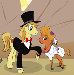 Size: 709x720 | Tagged: safe, artist:rubrony, character:braeburn, character:little strongheart, ship:braeheart, clothing, dress, female, hat, interspecies, male, shipping, straight, top hat, tuxedo, wedding, wedding dress