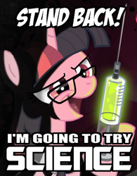 Size: 353x452 | Tagged: safe, artist:don-ko, edit, character:twilight sparkle, species:pony, species:unicorn, cthulhu mythos, female, glasses, glow, herbert west, image macro, lovecraft, mad scientist, mare, meme, needle, paint.net, re-animator, science, solo, stand back i'm going to try science, syringe
