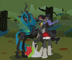 Size: 1024x863 | Tagged: safe, artist:dr-whiskey, character:king sombra, character:queen chrysalis, ship:chrysombra, blushing, bouquet, female, flower, king sombra gets all the mares, kiss mark, lipstick, lucky bastard, male, shipping, straight