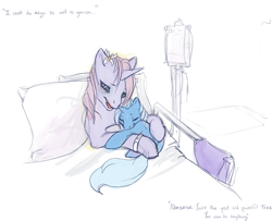 Size: 572x464 | Tagged: safe, artist:noel, character:trixie, species:pony, species:unicorn, g4, baby, bed, female, filly, foal, hospital, mare, mother, sad, sad in hindsight