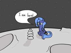Size: 13495x10090 | Tagged: safe, artist:joemasterpencil, character:princess luna, species:alicorn, species:pony, absurd resolution, banishment, bored, cute, dialogue, female, moon, partial color, pile, rock, s1 luna, sitting, solo, space, speech, woona