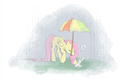 Size: 692x448 | Tagged: safe, artist:noel, character:angel bunny, character:fluttershy, species:pegasus, species:pony, species:rabbit, g4, female, heart, mare, mouth hold, rain, umbrella