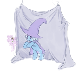 Size: 611x556 | Tagged: safe, artist:noel, character:trixie, species:pony, species:unicorn, g4, baby, female, filly, flower, magic, rearing, simple background, solo, younger