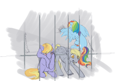 Size: 750x482 | Tagged: safe, artist:noel, character:cloud kicker, character:derpy hooves, character:rainbow dash, species:pegasus, species:pony, g4, female, mare, prison