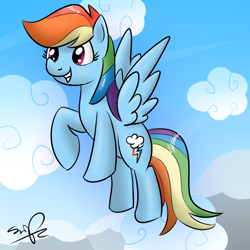 Size: 1000x1000 | Tagged: safe, artist:sirpayne, character:rainbow dash, species:pegasus, species:pony, cloud, cloudy, female, flying, mare, signature, solo
