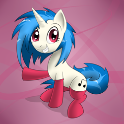 Size: 1250x1250 | Tagged: safe, artist:sirpayne, character:dj pon-3, character:vinyl scratch, species:pony, species:unicorn, clothing, female, looking at you, mare, raised hoof, sitting, smiling, socks, solo