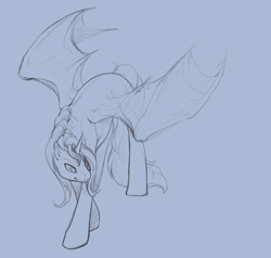 Size: 740x704 | Tagged: safe, artist:noel, character:trixie, species:alicorn, species:bat pony, species:pony, g4, bat pony alicorn, bat wings, female, mare, monochrome, simple background, sketch, solo, wings