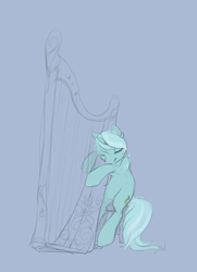 Size: 506x700 | Tagged: safe, artist:noel, character:lyra heartstrings, species:pony, species:unicorn, g4, chair, dexterous hooves, eyes closed, female, harp, mare, musical instrument, simple background, sitting