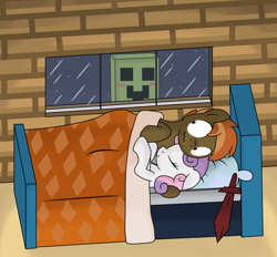 Size: 2800x2600 | Tagged: safe, artist:drako1997, character:button mash, character:sweetie belle, bed, blushing, cabin, creeper, female, high res, it makes sense in context, male, minecraft, nervous, night, scrunchy face, shipper on deck, shipping, sleeping, stars, straight, sweetiemash, sword, window, wooden sword