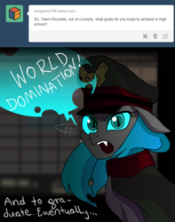 Size: 500x635 | Tagged: safe, artist:jokerpony, character:queen chrysalis, ask, ask teen chrysalis, cape, clothing, female, hat, looking at you, m. bison, of course, open mouth, solo, street fighter: the movie, tumblr