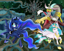 Size: 1125x900 | Tagged: safe, artist:swanlullaby, character:discord, character:princess celestia, character:princess luna, character:tree of harmony, species:alicorn, species:draconequus, species:pony, episode:princess twilight sparkle, g4, my little pony: friendship is magic, black vine, ethereal mane, female, galaxy mane, male, mare, tree of harmony, trio, vine