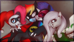 Size: 2449x1408 | Tagged: safe, artist:risterdus, character:fluttershy, character:pinkie pie, character:rainbow dash, character:rarity, ship:raridash, batman, catwoman, commission, crossover, female, harley quinn, lesbian, parody, photo, poison ivy, shipping